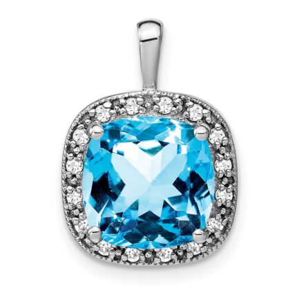 14k White Gold 10mm Cushion Blue Topaz and Diamond Halo Pendant