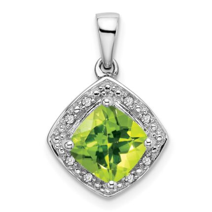 14k White Gold 7mm Cushion Peridot and Diamond Halo Pendant