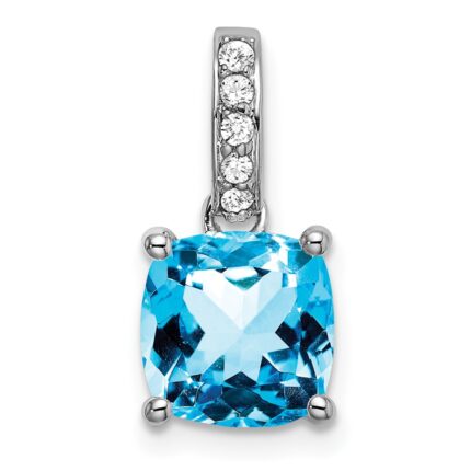14k White Gold 8mm Cushion Blue Topaz and Diamond Pendant
