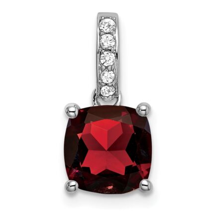 14k White Gold 8mm Cushion Garnet and Diamond Pendant