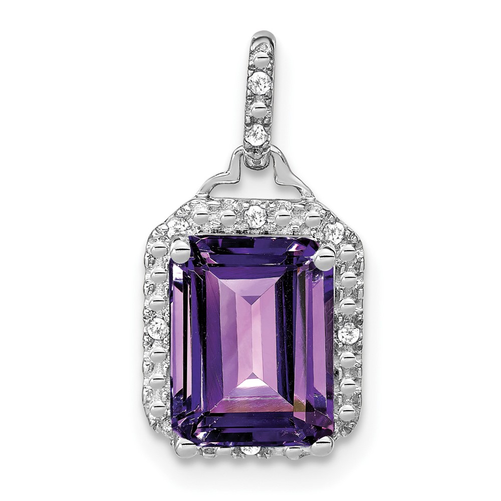 PM7051-AM-005-1WA.jpg 10k White Gold Emerald-cut Amethyst and Diamond Halo Pendant - Image 1