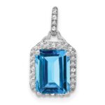 14k White Gold 9x7mm Emerald-cut Blue Topaz and Diamond Halo Pendant
