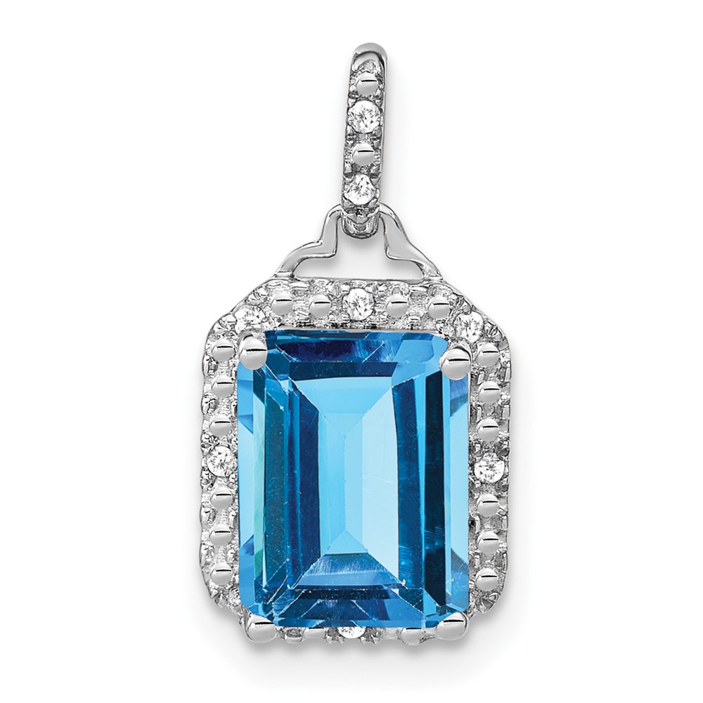 PM7051-BT-005-WA.jpg 14k White Gold 9x7mm Emerald-cut Blue Topaz and Diamond Halo Pendant - Image 1