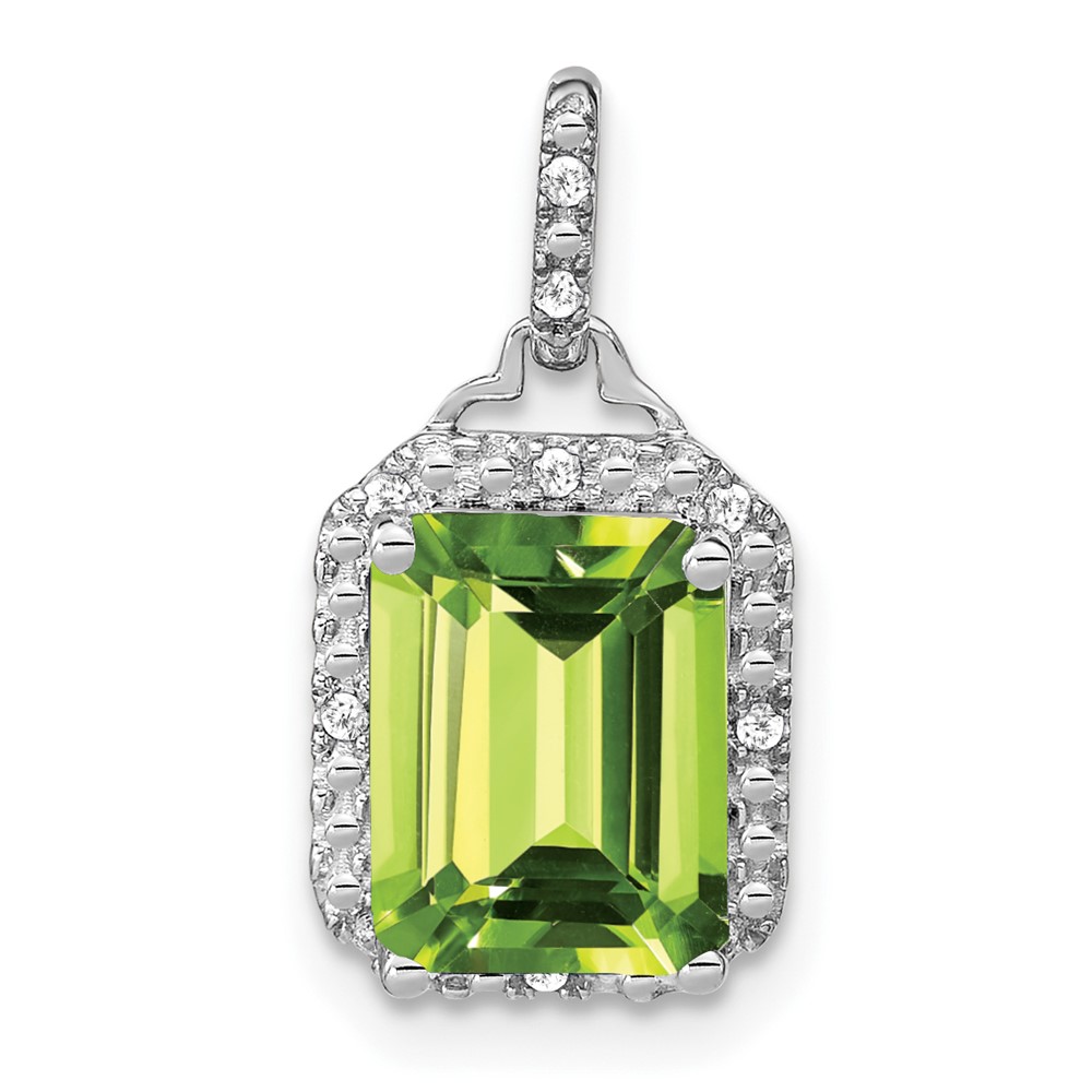 PM7051-PE-005-WA.jpg 14k White Gold 9x7mm Emerald-cut Peridot and Diamond Halo Pendant - Image 1