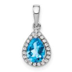 14k White Gold 7x5mm Pear Blue Topaz and Diamond Halo Pendant