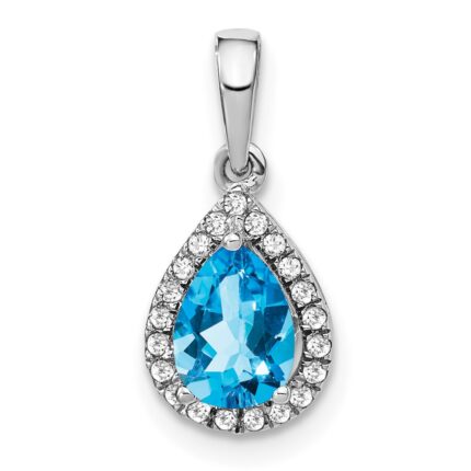 14k White Gold 7x5mm Pear Blue Topaz and Diamond Halo Pendant