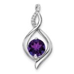 14k White Gold 6.5mm Round Amethyst and Diamond Fancy Pendant