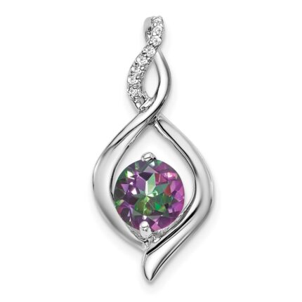 14k White Gold 6mm Round Mystic Fire Topaz and Diamond Pendant