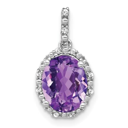 14k White Gold 9x7mm Oval Amethyst and Diamond Halo Pendant