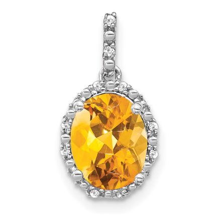14k White Gold 9x7mm Oval Citrine and Diamond Halo Pendant