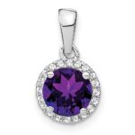 14k White Gold 6.5mm Round Amethyst and Diamond Halo Pendant