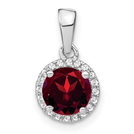 14k White Gold 6.5mm Round Garnet and Diamond Halo Pendant