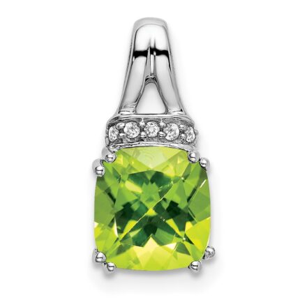 14k White Gold 7mm Cushion Peridot and Diamond Chain Slide