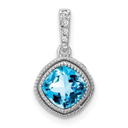 10k White Gold Cushion Blue Topaz and Diamond Pendant