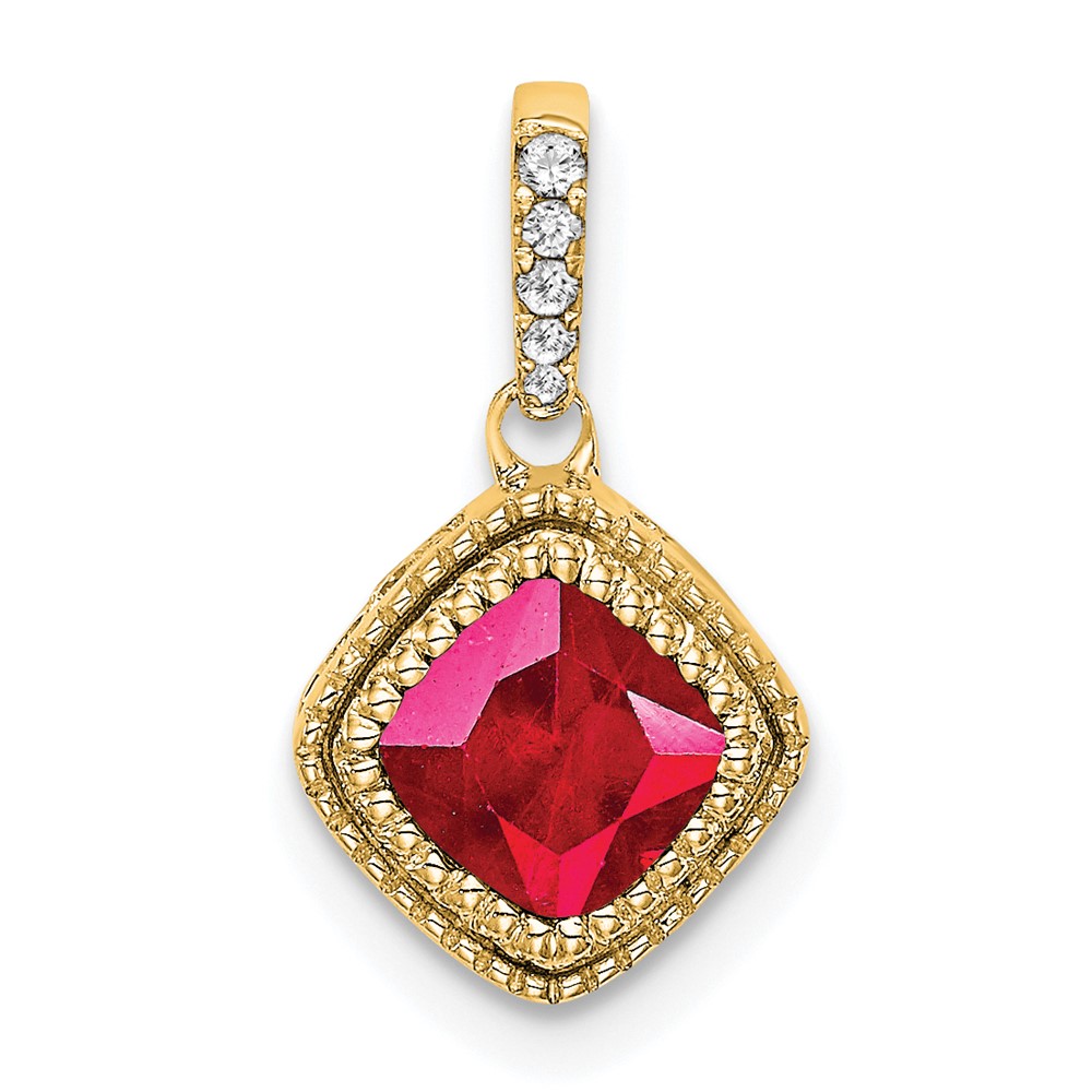 PM7092-RU-013-YA.jpg 14k Cushion Ruby and Diamond Pendant with Side Diamond Detail - Image 1