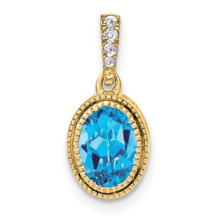 14k 7x5mm Oval Blue Topaz and Diamond Pendant
