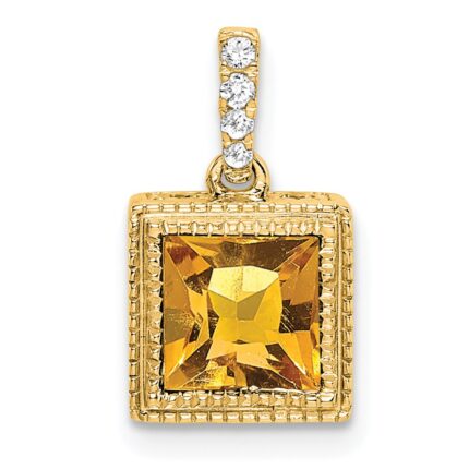 14k 6mm Square Citrine and Diamond Pendant