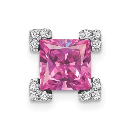 14k White Gold Square Lab Created Pink Sapphire and Diamond Chain Slide
