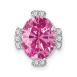 14k White Gold Oval Lab Created Pink Sapphire and Diamond Chain Slide