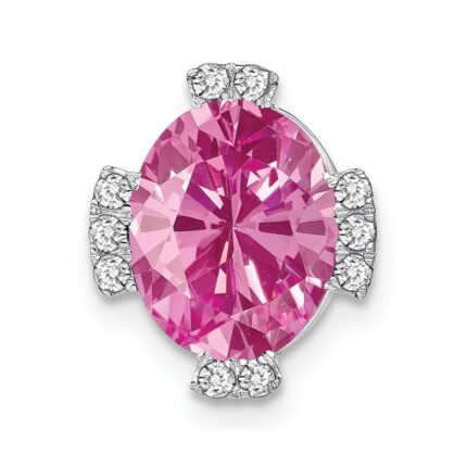 14k White Gold Oval Lab Created Pink Sapphire and Diamond Chain Slide