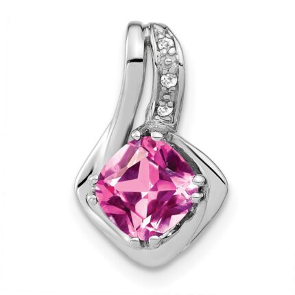 14k White Gold Cushion Lab Created Pink Sapphire and Diamond Chain Slide