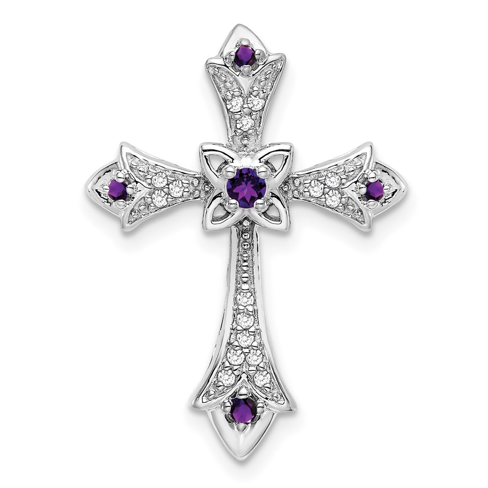 PM7175-AM-008-1WA.jpg 10k White Gold Amethyst and Diamond Fleur de Lis Cross Chain Slide - Image 1