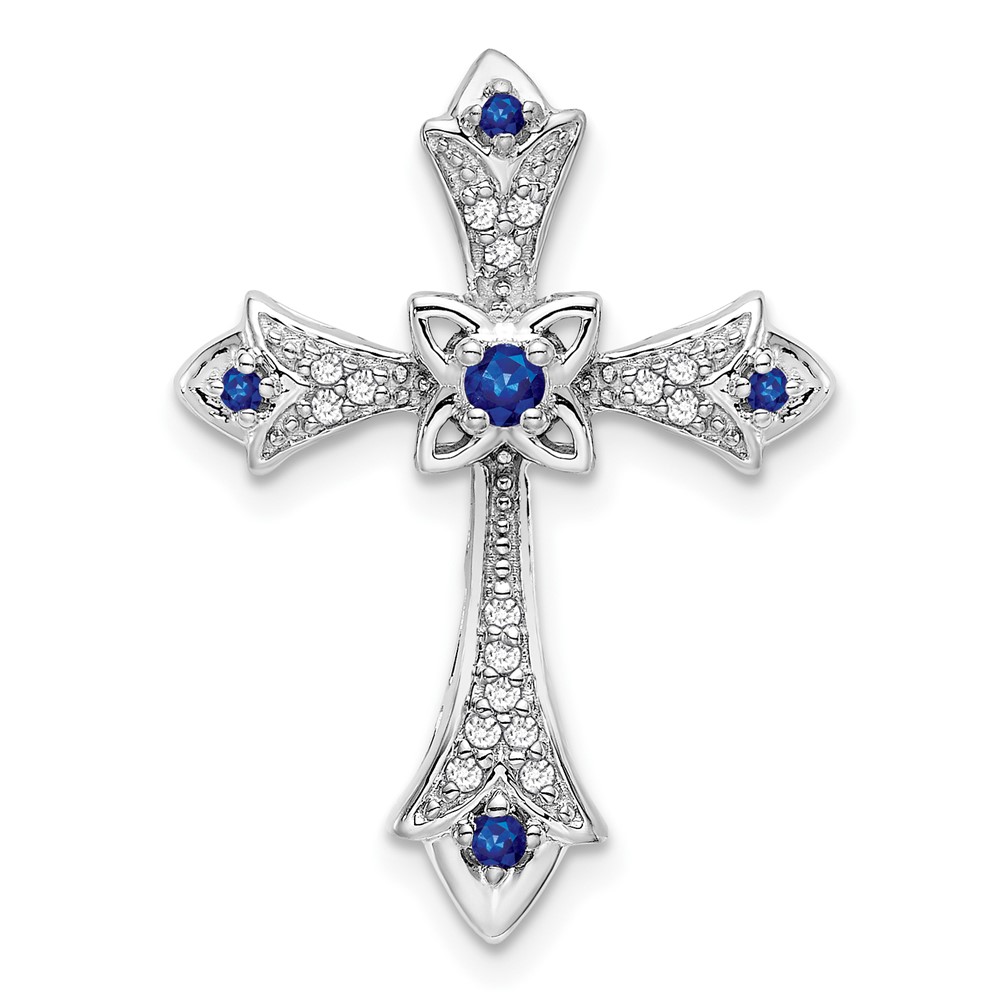 PM7175-SA-008-WA.jpg 14k White Gold Round Sapphire and Diamond Fleur de Lis Cross Chain Slide - Image 1