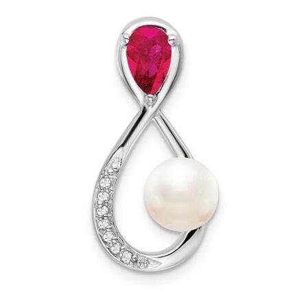 14k White Gold Pear Ruby/Freshwater Cultured Pearl/Diamond Infinity Chain Slide