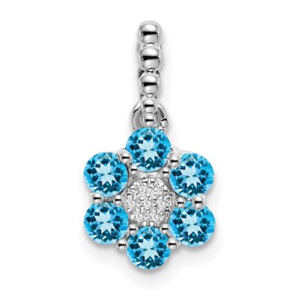 14k White Gold Blue Topaz and Diamond Floral Pendant
