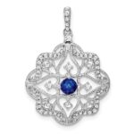 14k White Gold Sapphire and Diamond Vintage Filigree Pendant