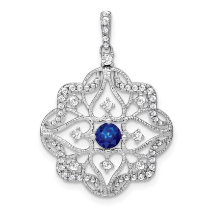 14k White Gold Sapphire and Diamond Vintage Filigree Pendant
