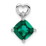 14k White Gold 7mm Cushion May/Lab Created Emerald and Diamond Heart Chain Slide