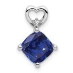 14k White Gold 7mm Cushion September/Lab Created Sapphire and Diamond Heart Chain Slide
