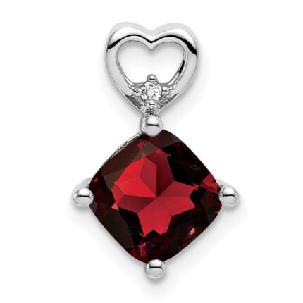 14k White Gold 7mm Cushion January/Garnet and Diamond Heart Chain Slide