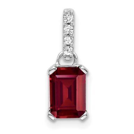 14k White Gold 7x5 Emerald-cut July/Lab Created Ruby and Diamond Pendant
