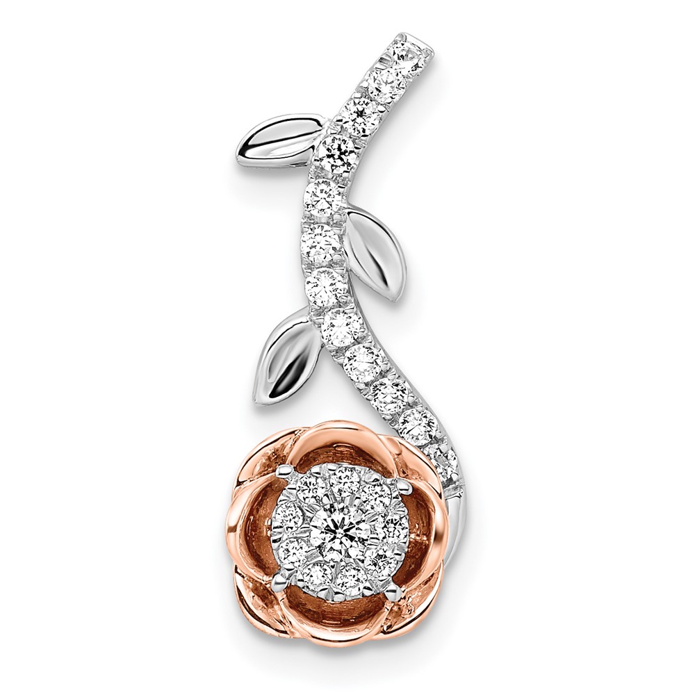 PM7496-025-WRAA.jpg 14k Two-Tone Rose and White Gold 1/4 carat Lab Grown Diamond VS/SI+ G+ Complete Rose on Stem Chain Slide Pendant - Image 1