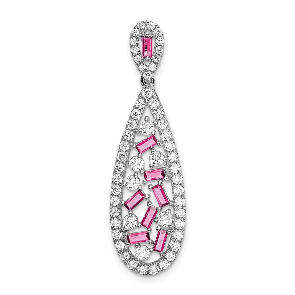 PM7934-CPS-092-WAA.jpg Pure Serenity 14k White Gold 7/8 carat Lab Grown Diamond VS/SI+ G+ and Lab Created Pink Sapphire Teardrop Dangle Pendant - Image 1