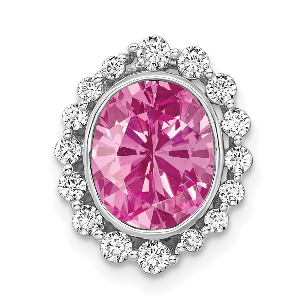 PM7985-CPS-046-WAA.jpg 14k White Gold 1/2 carat Lab Grown Diamond VS/SI and Oval Lab Created Pink Sapphire Halo Chain Slide Pendant - Image 1