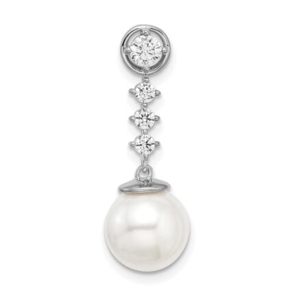 14k White Gold 8-9mm Round White Freshwater Cultured Pearl and Diamond Chain Slide