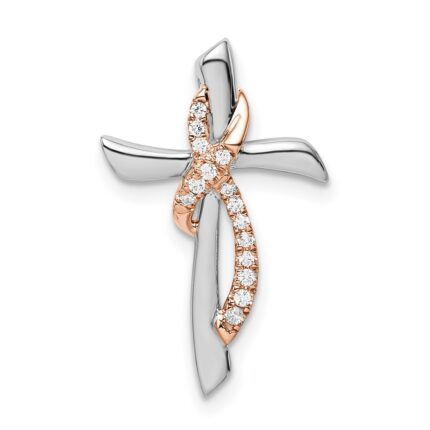 14k Two-tone White and Rose Gold 1/15 carat Diamond Cross with Ribbon Chain Slide