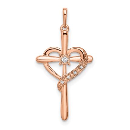 14k Rose Gold Diamond Cross with Heart Pendant