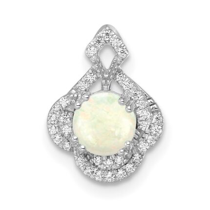 14k White Gold Polished Oval Opal and Diamond Vintage Chain Slide