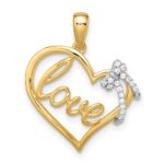 14k Two-tone LOVE Script Heart with Diamond Bow Pendant