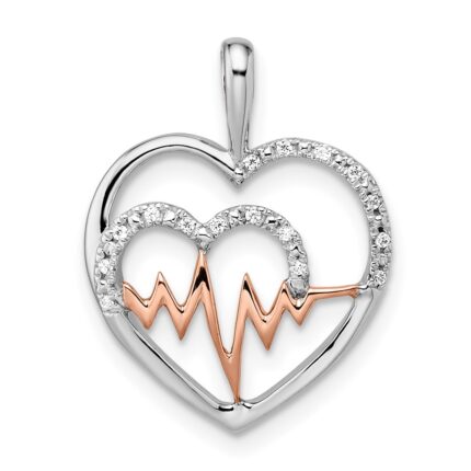 14k Two-tone White and Rose Heartbeat Diamond Heart Pendant