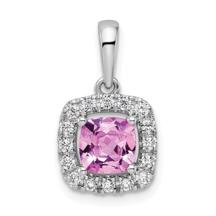 14k White Gold 1/4 carat Lab Grown Diamond VS/SI+ G+ October Birthstone Lab Created Pink Sapphire Halo Pendant