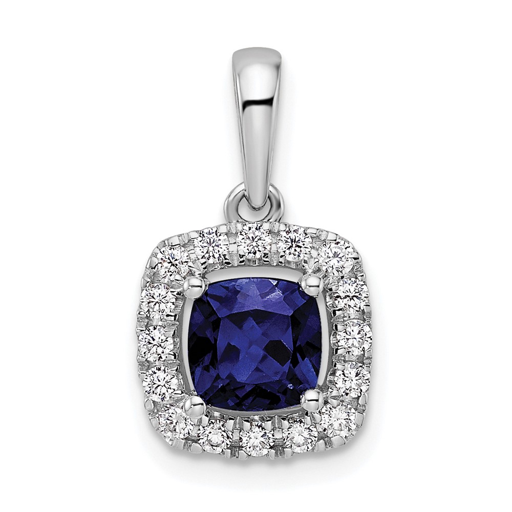 PM9037-CSA-028-WAA.jpg 14k White Gold 1/4 carat Lab Grown Diamond VS/SI+ G+ September Birthstone Lab Created Blue Sapphire Halo Pendant - Image 1
