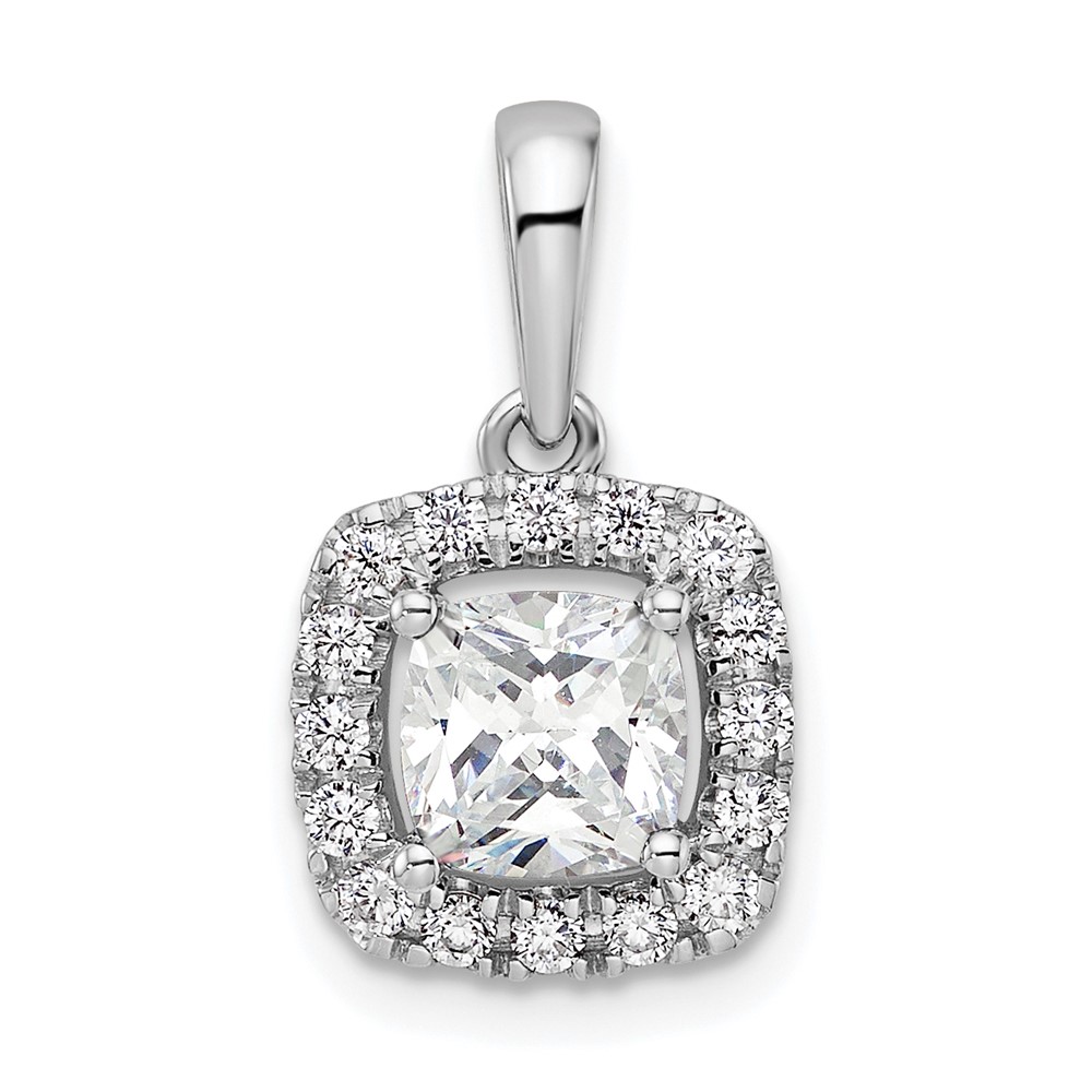 PM9037-WS-028-WAA.jpg 14k White Gold 1/4 carat Lab Grown Diamond VS/SI+ G+ April Birthstone White Sapphire Halo Pendant - Image 1