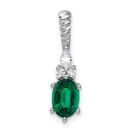14K White Gold Diamond and 7x5 Oval May/Lab Created Emerald Twisted Chain Slide