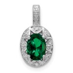 Sterling Silver Rhodium-plated Diam. & Created Emerald Pendant