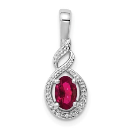 Sterling Silver Rhodium-plated Created Ruby & Diam. Pendant
